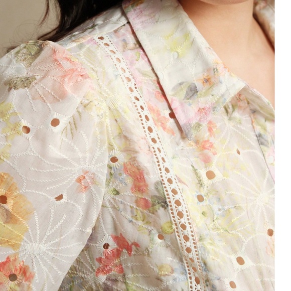 Plus Floral Print Eyelet Button Down Shirt - Picture 5 of 6